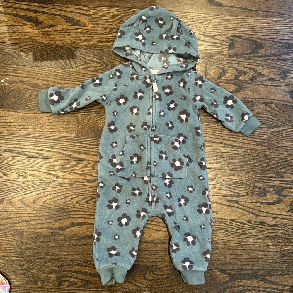 Baby Girl Carter's Leopard Fleece Long Sleeve Hooded Romper bunting 6m onesie